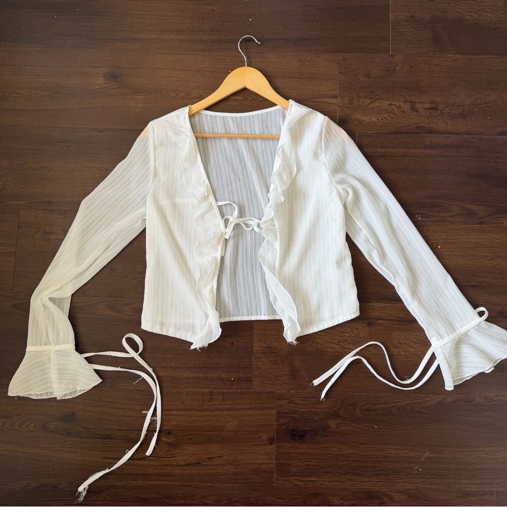 White Ruffle Tie-Front Long Sleeve Top
